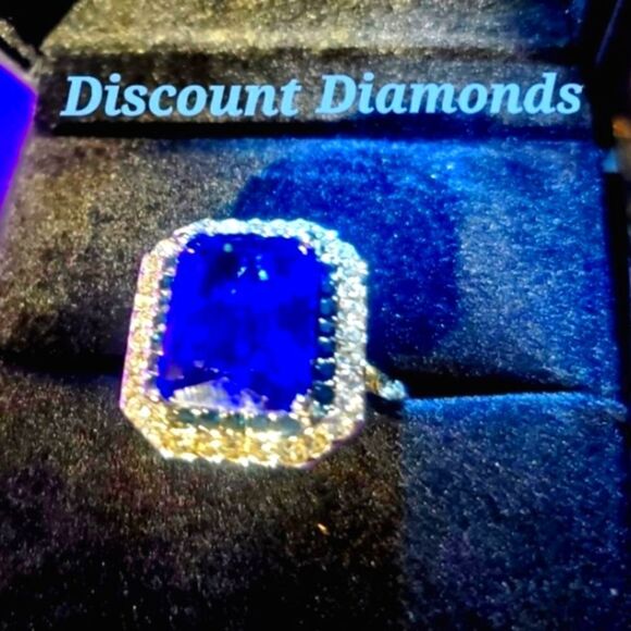 Princess Cut Blue Sapphire & White Baguette Diamond Ring on 925 Sterling Silver - Picture 1 of 7